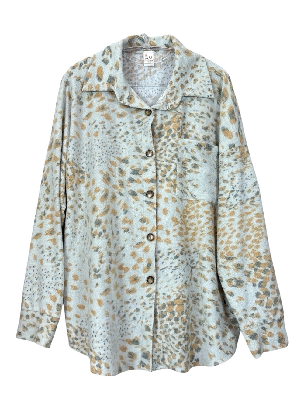 7th Roy Abstract Leopard Dot Print Buttoned Top Shacket Light Gray Tan Size L